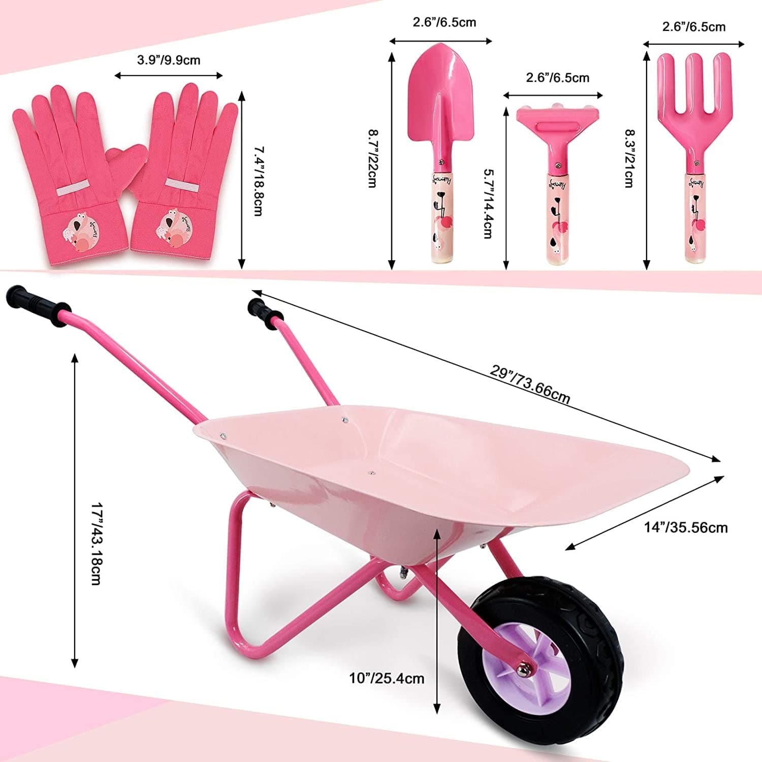 Pink Flamingos Kids Wheelbarrow Set|Children's wheelbarrow with Gardening Tools and Gloves Age 3+